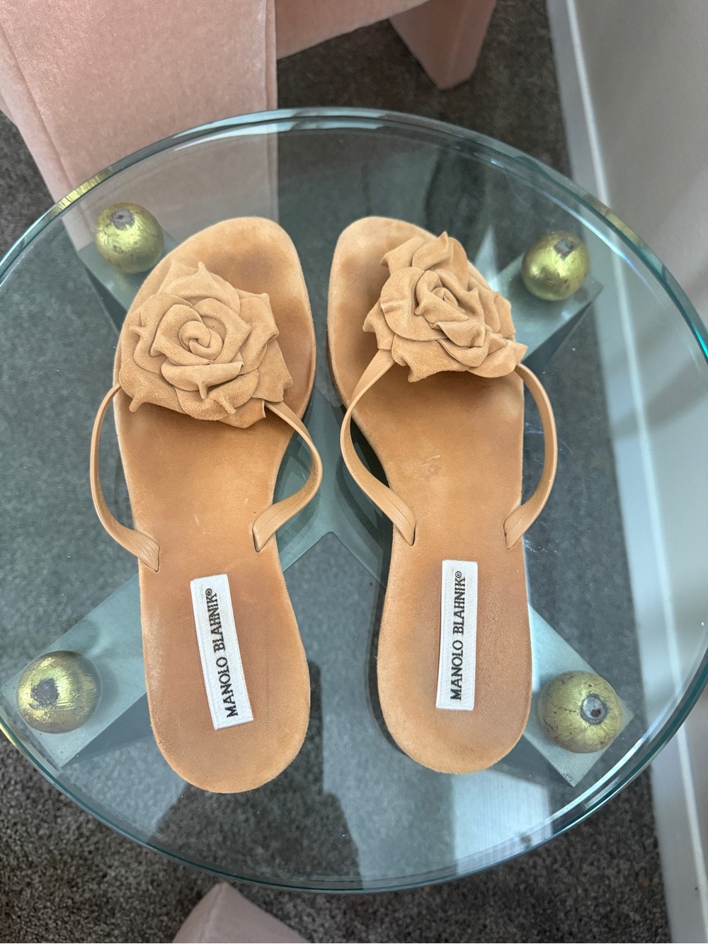 Manolo Blahnik Suede Flower Thong Sandals